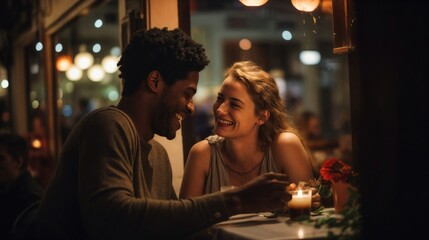 A charming café or restaurant, interracial couples share intimate dinners. Amidst the cozy ambience, diverse pairs engage in animated conversations.