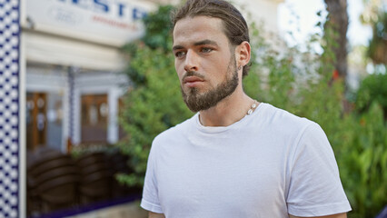 Young hispanic man looking to the side with serious expression at park