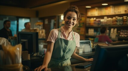 Beautiful young woman working at the counter of grocery shop. Pretty girl at the cash register. Employment options for young adults. - obrazy, fototapety, plakaty