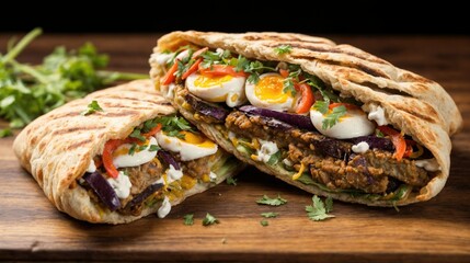 On a wooden board is a Sabich sandwich, layers of fried eggplant, hard-boiled eggs, fresh vegetables, and flavorful tahini sauce, all nestled within a pillowy pita. Israeli street food culture.