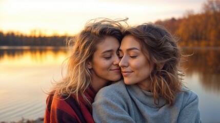 Lesbian couple in love, girlfriends hugging in nature at sunset, autumn season. Romantic scene between two loving women, female gay tenderness. - obrazy, fototapety, plakaty