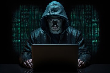 Hacker with laptop in hoodie dark theme. Generative ai