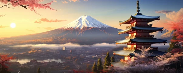 Velvet curtains Fuji Illustration japan temple or Chureito pagoda and fuji mountains in the backround. Generative ai
