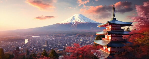 Illustration japan temple or Chureito pagoda and fuji mountains in the backround. Generative ai - obrazy, fototapety, plakaty