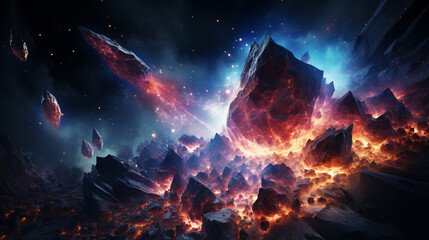 Fototapeta na wymiar Crystal Cataclysm: Gemstones erupting from the earth in a cosmic event.