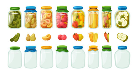 Empty and Full Glass Jars Showcase An Array Of Vibrant Canned Goods, Neatly Arranged, Cartoon Vector Illustration