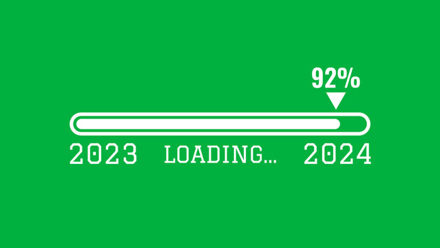 2024 progress bar on green screen. 2023 to 2024 loading image.