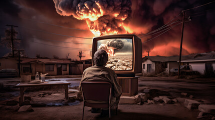 Homme regardant la télévision analogique installé dans un terrain vague