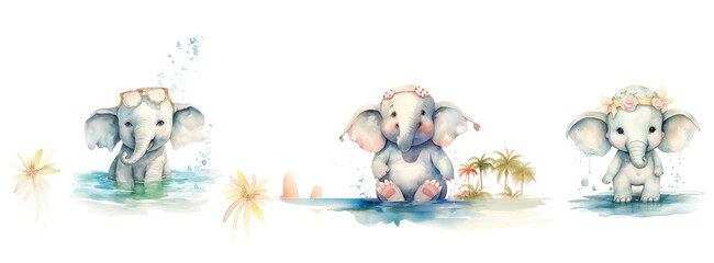 éléphantes avec des lunettes de natation lunettes soleil bonnet fleurs, et maillot de bain les pieds dans l'eau à la plage entre les cocotiers. Aquarelle style chibi