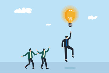 concept business ideas, looking for good ideas and concepts for business. businessman flying with light bulb.