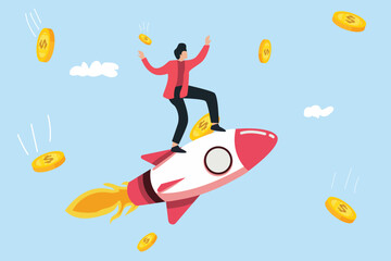 high profit investors, flying with rockets in the sky and gold coins falling. investment economics business and finance concept
