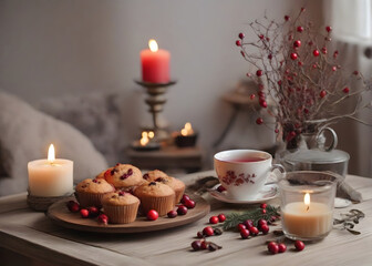 Cup of tea, muffins, cranberry branches in a vase, a notebook, a burning candle on a round wooden table in the living room