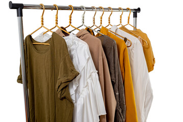 Second-hand clothes on the rail. The concept of sustainable economic life - 691109751