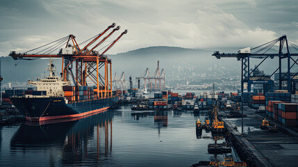 Naklejka premium background, logistic, shipping, transportation, cargo, trade, transport, export, import, commerce. the most global shipping operations ship boat cargo container and crane on ocean background.