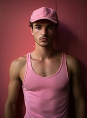 male standing behind a wall with pink tank top and hat, shiny/glossy