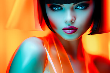Portrait de femme brune avec du rouge à lèvres dans un univers orange - obrazy, fototapety, plakaty