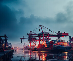 Fototapeta premium background, logistic, shipping, transportation, cargo, trade, transport, export, import, commerce. the most global shipping operations ship boat cargo container and crane on ocean background.