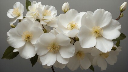 Elegant White Blooms with Yellow Stamens and Green Leaves. Generative AI