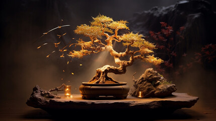  a serene bonsai tree illuminated by soft candlelight, symbolizing the tranquility and enlightenment of Bodhi Day - obrazy, fototapety, plakaty