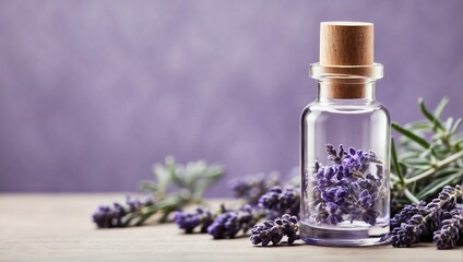 Lavender Oil Bottle Paired with Lavender Stems. Generative AI