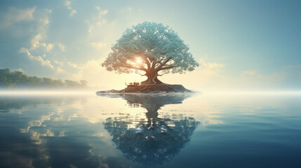 a tranquil scene of a Bodhi tree at sunrise, radiating a sense of renewal and spiritual awakening on Bodhi Day