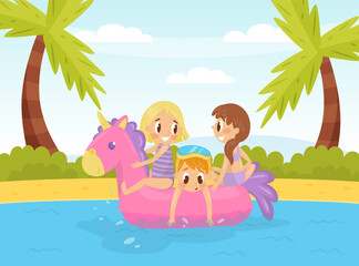 Happy Boy and Girl at Summer Swim in Sea with Rubber Ring Vector Illustration