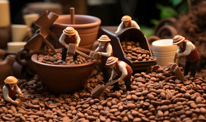 A pile of coffee beans and ceramic toys while working can be seen close up.