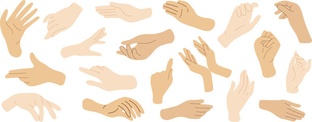Set of hands in doodle style isolated human hands. Vector different hand positions - obrazy, fototapety, plakaty