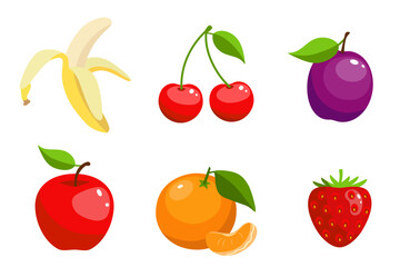 Vector food icons, illustration of fruit and berries, print design for children, stickers set with sweet fruit in cartoon flat style