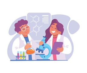 Man and Woman at Laboratory with Flask and Microscope Conduct Experiment Vector Illustration
