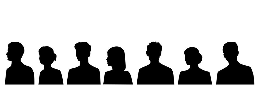 Set silhouettes of man and woman, business profile avatar,  group people, black color, isolated on white background