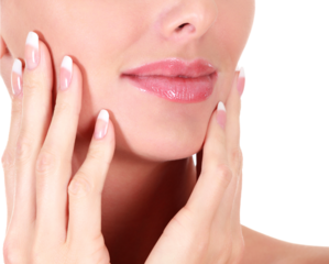 Closeup shot of woman's face and long fingers with french manicured nails, isolated on white background