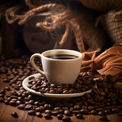 A cup of coffee on a pile of smoked coffee beans leaves is visible from the side of the background copy space
