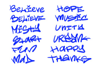 Collection of graffiti street art tags with words and symbols in blue color on white background