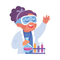 Cute Girl at Laboratory with Flask Conduct Experiment Vector Illustration
