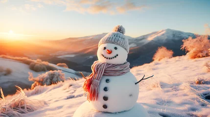 Tableaux ronds sur aluminium brossé Chambre denfants Snow man in a snowy winter landscape