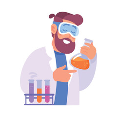 Bearded Man at Laboratory with Flask Conduct Experiment Vector Illustration