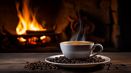 A cup of hot aromatic coffee against the backdrop of a burning fireplace, coffee beans scattered around. Cozy evening mood of a country house.