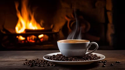 Poster A cup of hot aromatic coffee against the backdrop of a burning fireplace, coffee beans scattered around. Cozy evening mood of a country house. © Victoria