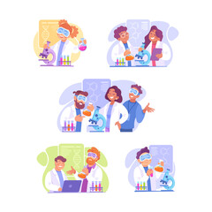 Man and Woman at Laboratory with Flask and Microscope Conduct Experiment Vector Illustration Set