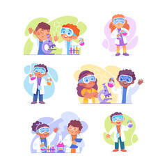 Cute Boy and Girl at Laboratory with Flask and Microscope in Goggles Conduct Experiment Vector Illustration Set