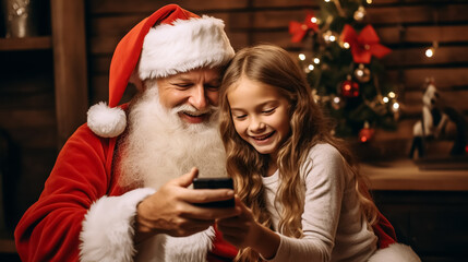 Happy Santa Claus takes a selfie with a cute little girl.