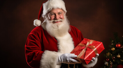 Happy santa claus with christmas gifts on isolated red background.