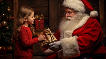 Happy Santa Claus gives a child a Christmas gift on the background of a Christmas tree.