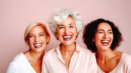 Trois femmes sénior souriantes posant ensemble - obrazy, fototapety, plakaty