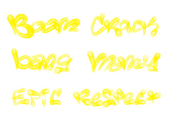 Collection of graffiti street art tags with words and symbols in yellow color on white background