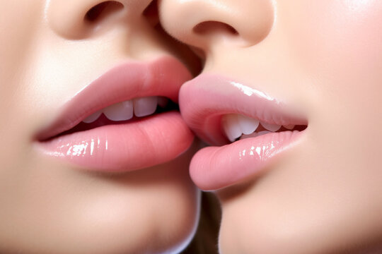 Close up of two women's lips kissing