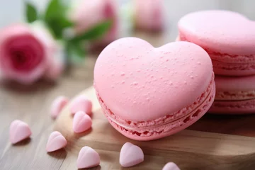 Fotobehang A pink macaron in the shape of a heart on a wooden surface © fotogurmespb