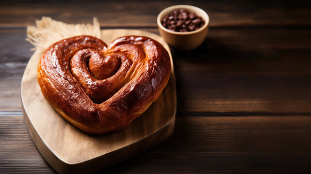 A Cinnamon Roll in the Shape of a Heart Displayed on a Wooden Surface Featuring a Warm Cinnamon Brown and Rich Autumnal Color Scheme