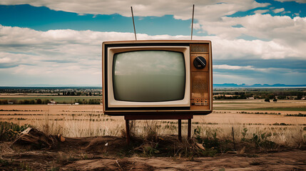 Télévision analogique installé dans un terrain vague